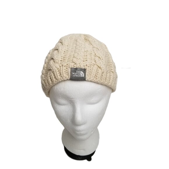 The North Face Cable Knit Beanie Cream Ivory Wool Alpaca Fleece Lined Cozy - Picture 1 of 10